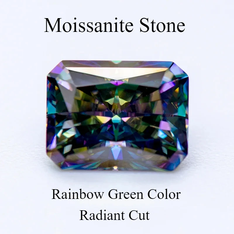 Moissanite Stone Rainbow Green Color Radiant Cut Lab Grown Gemstone for DIY Jewelry Rings Earrings Making with GRA Certificate