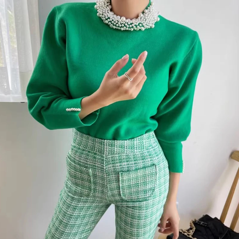 Mock Neck Beading Crop Top Knitted Sweater Winter Pullover Lazy Oaf Fall Vintage Korean Blusa Termica Black White Blusa Tricot