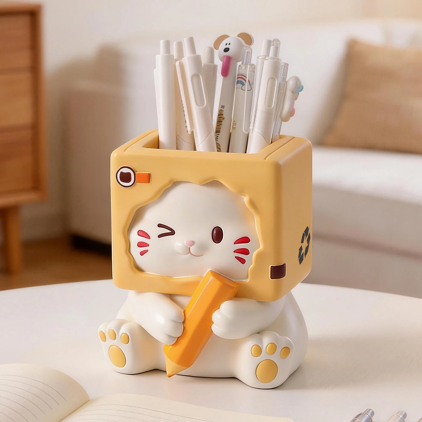 Cute Cartoon Cat Pen Holder Creative Desktop Stationery Organizer Table Storage Box Home Office Desk Decor Ornament Gift