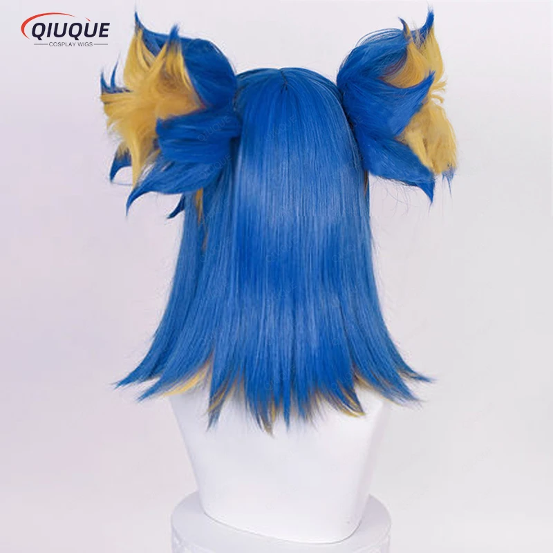 Game Valorant Neon Cosplay Wig Short Blue Ponytails Heat Resistant Synthetic Hair Halloween Role Play Wigs + Wig Cap