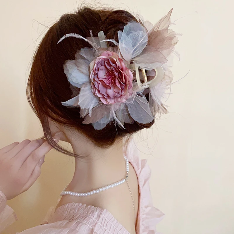 

Pink Flower Hair Claws for Women Fashion Sweet Big Hairpin Temperament Grab Clip Lace Hair Accessories Wholesale Gifts