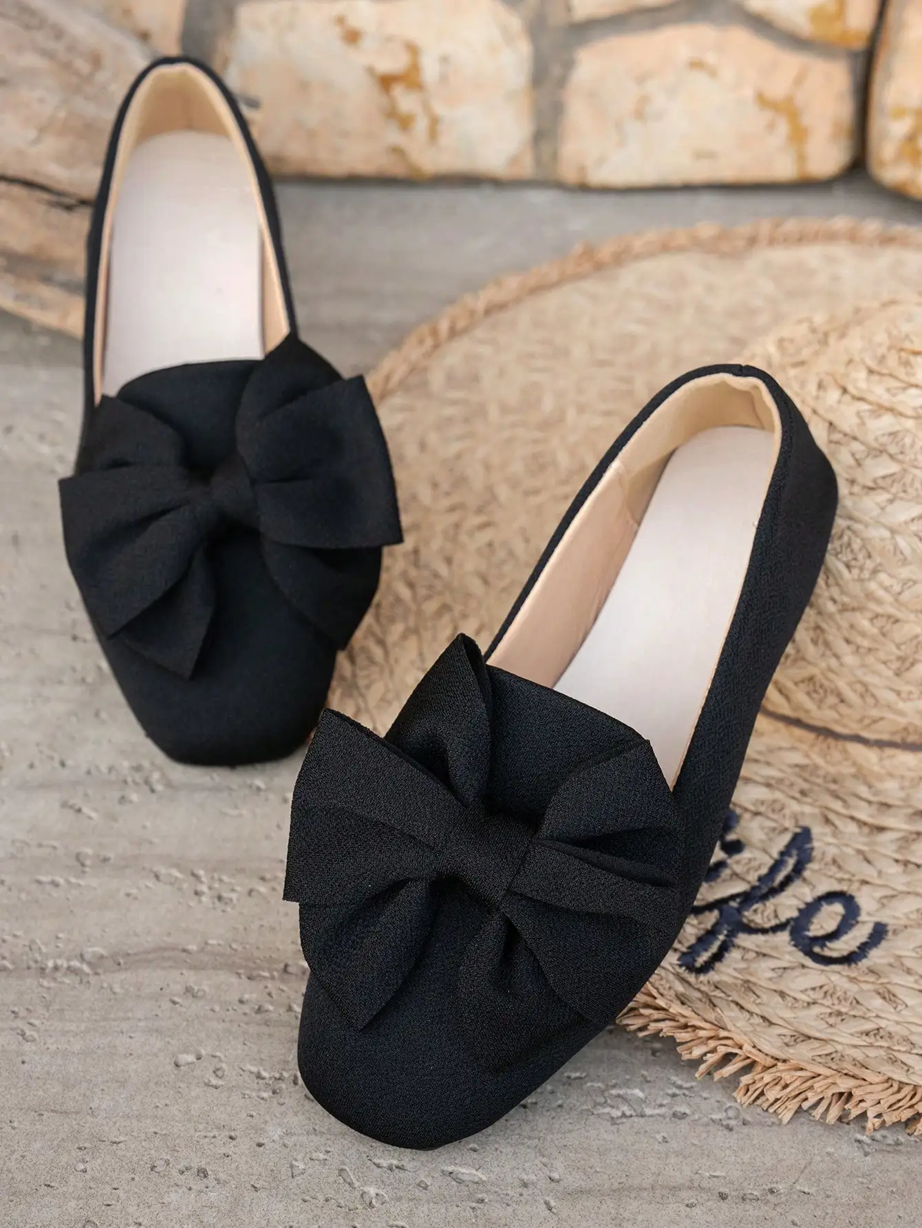Zapatos planos tipo bailarina con punta cuadrada y lazo, de corte ancho, cómodos y fáciles de poner, elegantes para el día a día en primavera/verano, ideales para ir al trabajo, zapatos negros de corte ancho.