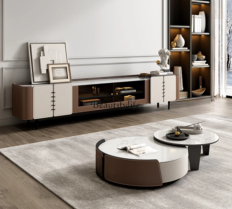 

Living room coffee table rock slab modern simple saddle leather small apartment round coffee table