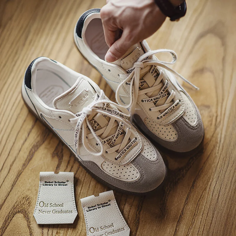 

Maden Men's Vintage German Training Shoes Beige Patchwork Sneakers Casual Lace-Up Comfortable Tennis Sporty Shoes for Summer