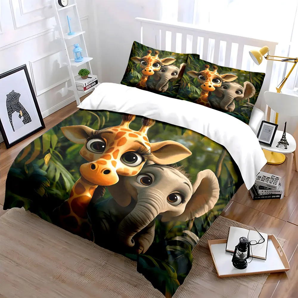 Giraffe and Elephant in Jungle Printed Duvet Cover Set1 Duvet Cover+2 PillowcaseMulti Size Bedroom Bedding Decor Luxury gifts