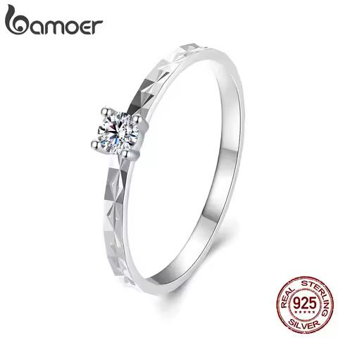 BAMOER 925 Sterling Silver Round Cut Solitare Moissanite Engagement Ring for Women, White Gold Plated Wedding Band Promise Rings