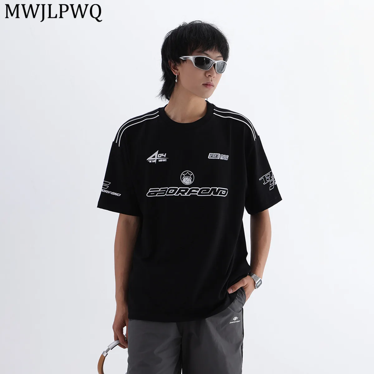 

MWJLPWQ American Sriped Pachwork Design Sense Men's T-shirt High Street Personaliy Short Sleeve Loose Casual Tops Trendy 20979