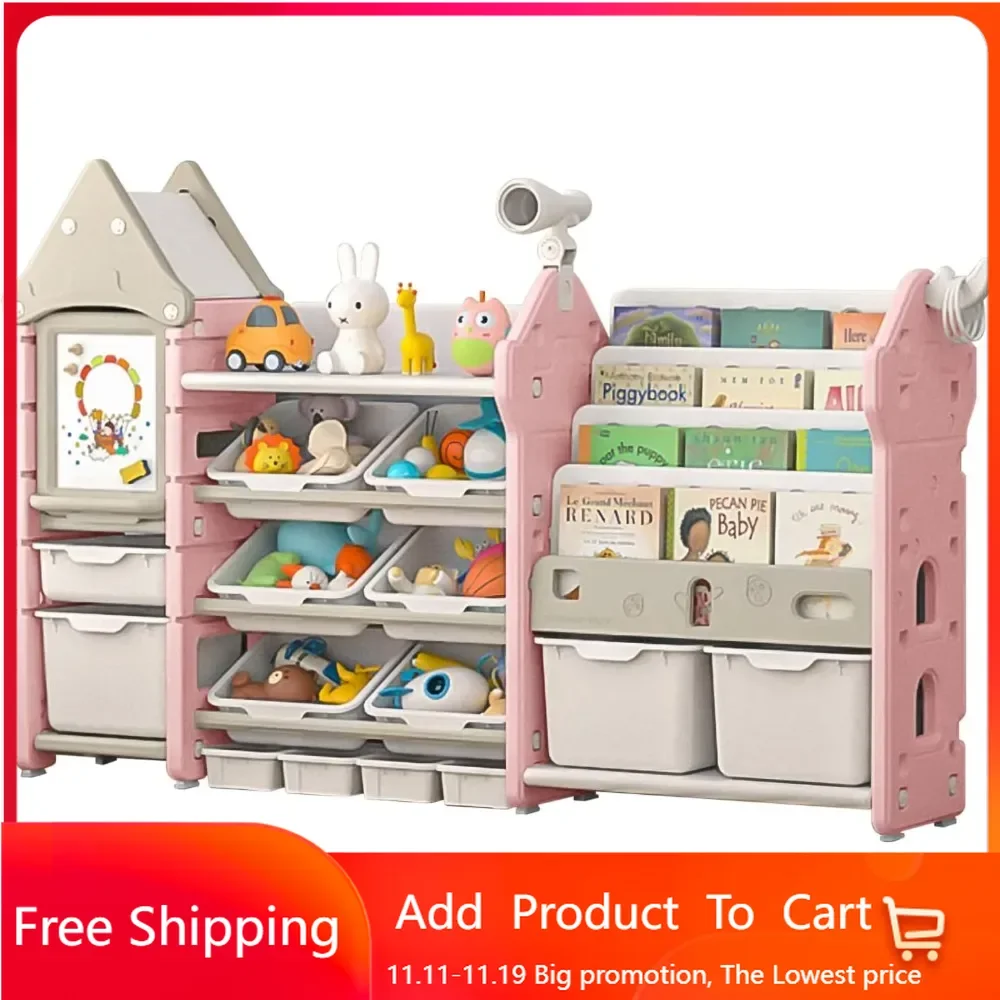 Kids Toy Storage Organizer and Children Bookshelf, with 14 Bins, Pull-Out Drawers Multipurpose Shelf for Toddlers to Organize