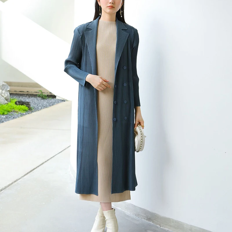 

ALSEY High Quality 2025 Summer Pleated Women's Trench Coat Lightweight Blazer Collar Single-Breasted Lace-Up Design Long Coat