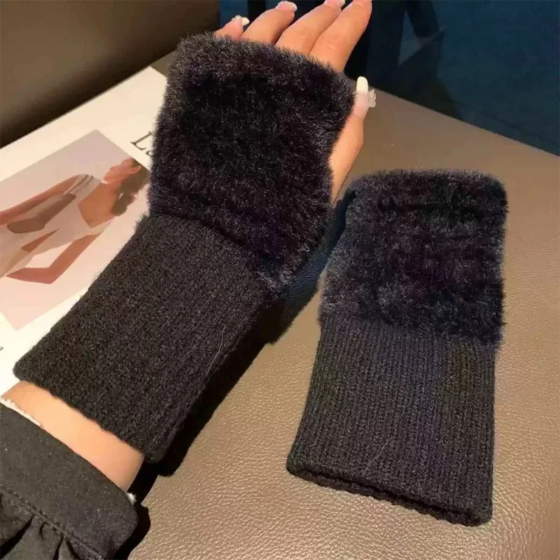 Warm Mink Fleece Gloves Winter Women Girls Soft Half Finger Gloves Solid Color Plush Knitted Fingerless Gloves Fashion Accessory