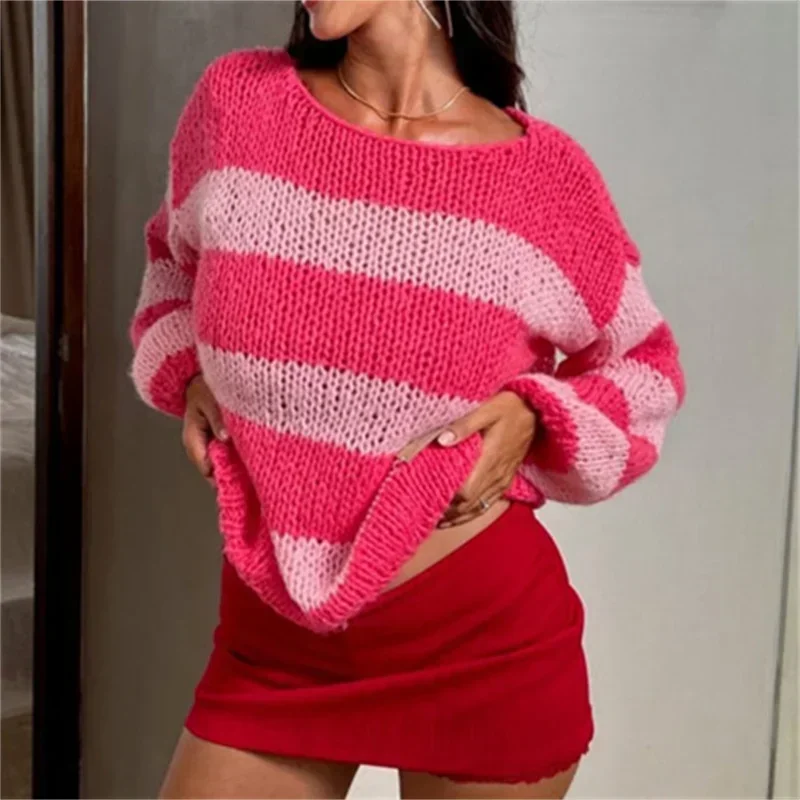 2024 Autumn Winter Crochet Knit Stripe Jumper Women White and Blue Sweater Loose O Neck Long Sleeve Pullover Tops Y2k Streetwear