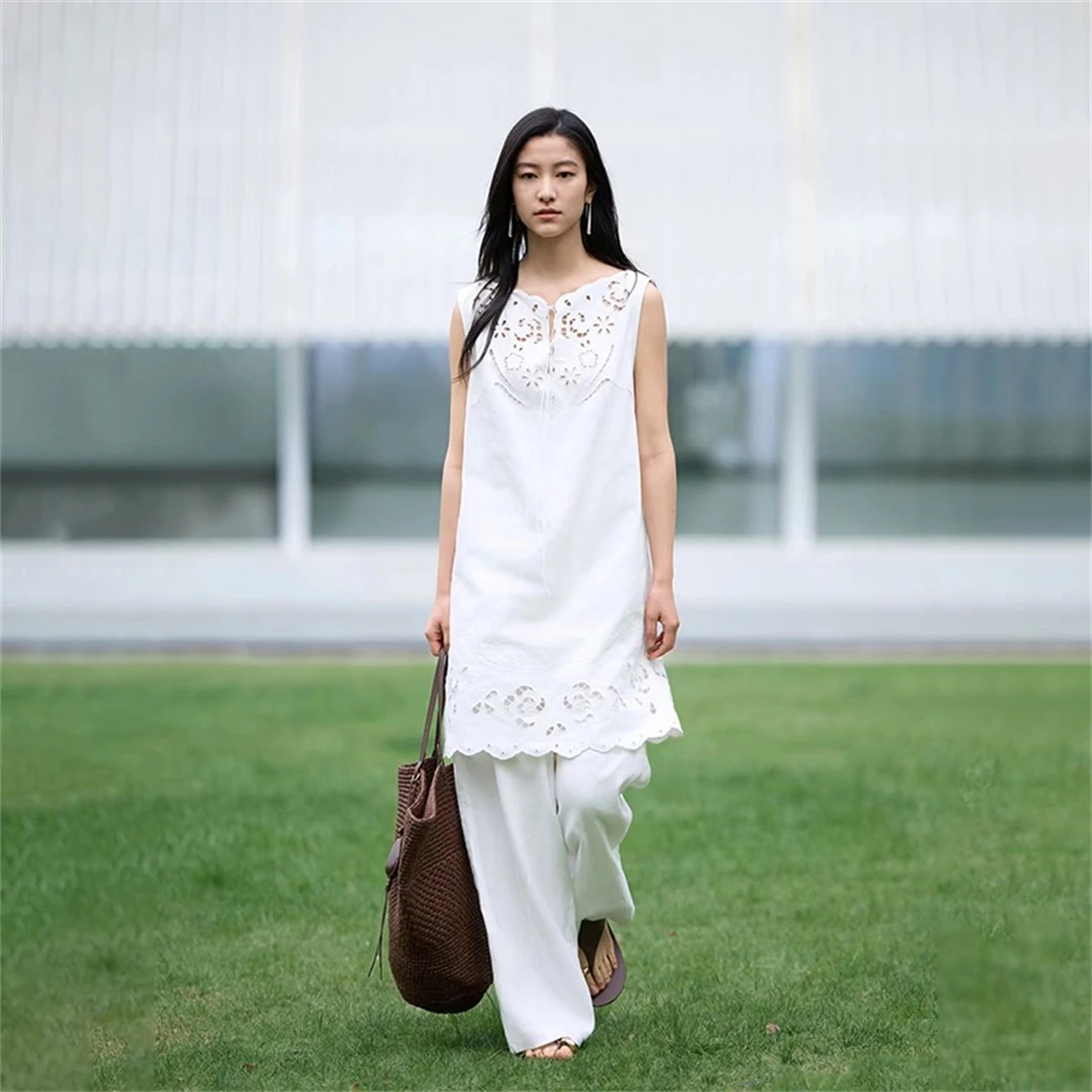 

Elegant Long Sleeveless Hollow out Shirt Fashionable French Style Cotton Breathable Casual A-Line Dress for Women