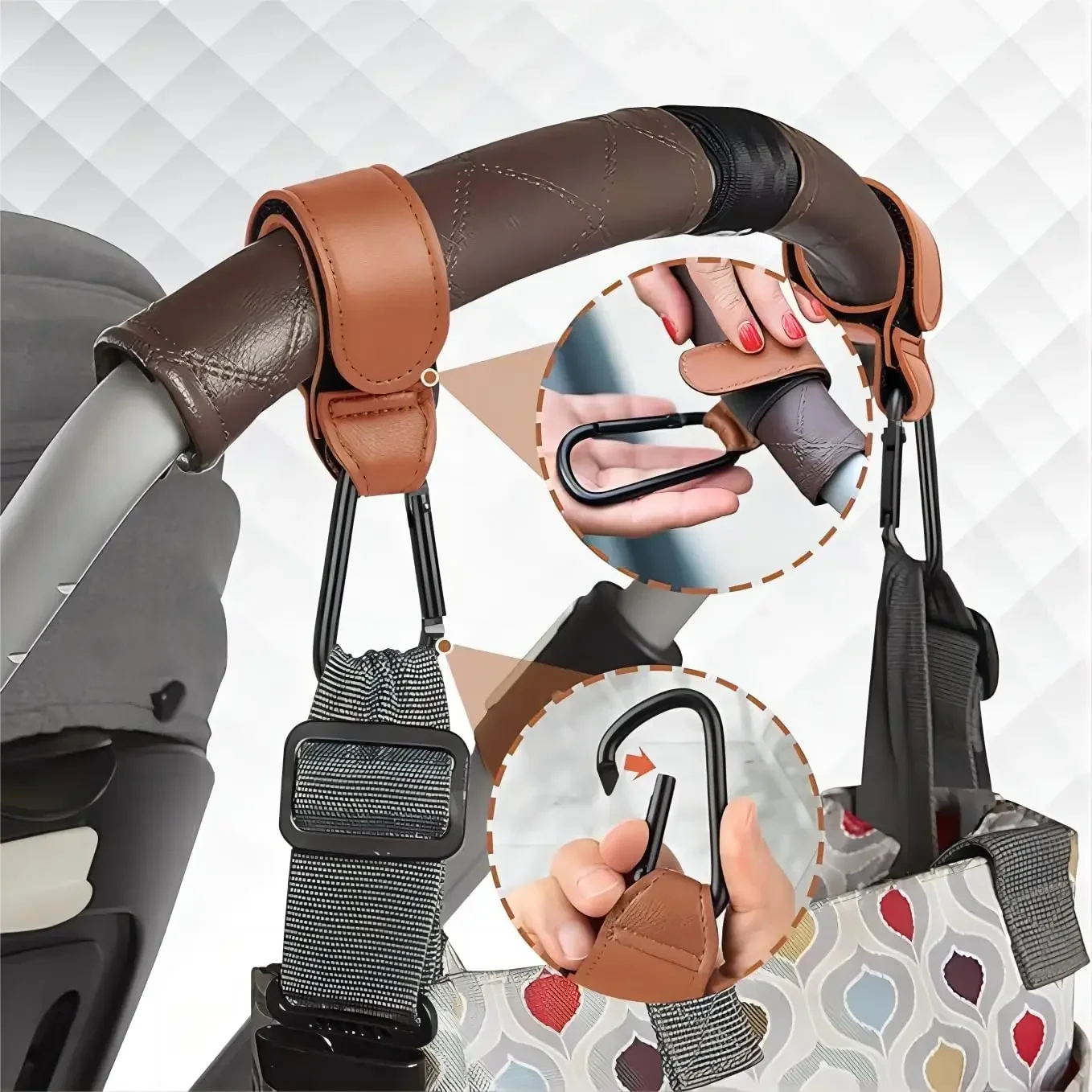 GEFENSI PU Leather Baby Bag Stroller Hook Pram Rotate 360 Degree Rotatable Cart Organizer Pram Hook Crochet Stroller Accessories