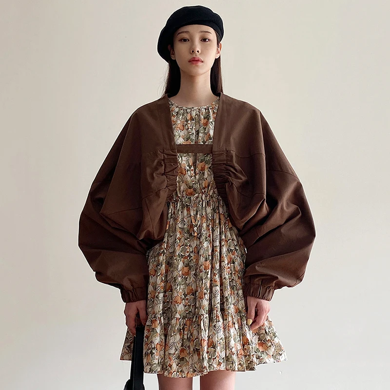 

Retro Chic Floral Print Dr with Belt Loose ort Lantern Sve Jaet Women's Faion Outerwear Cotton Spring Autumn