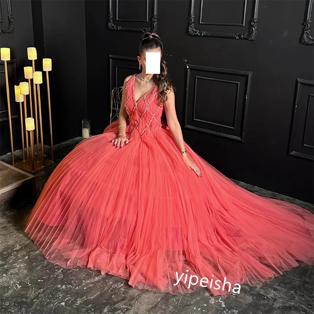 Tulle Beading Draped Prom Ball Gown V-neck Bespoke Occasion Gown Long Dresses