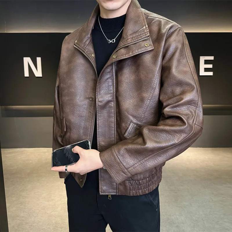 

Casual Fashionable Men's Motorcycle Jacket Stand Collar Loose Fit Autumn Leather Coat Stylish All-Match Biker Vest Outerwear