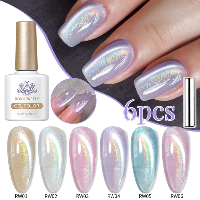 

BORN PRETTY 10 мл Радужный фиолетовый водный свет Cat Магнитный гель-лак для ногтей Сияющий супер серебристый свет Голография Soak Off УФ-гель