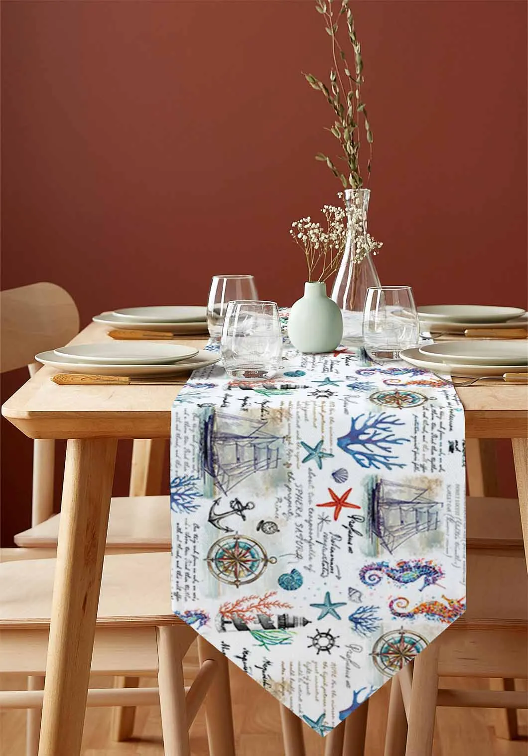 Ocean Plant Coral Sailboat Anchor Table Runner Holiday Party Tablecloth Kitchen Dining Table Runners Wedding Decorations