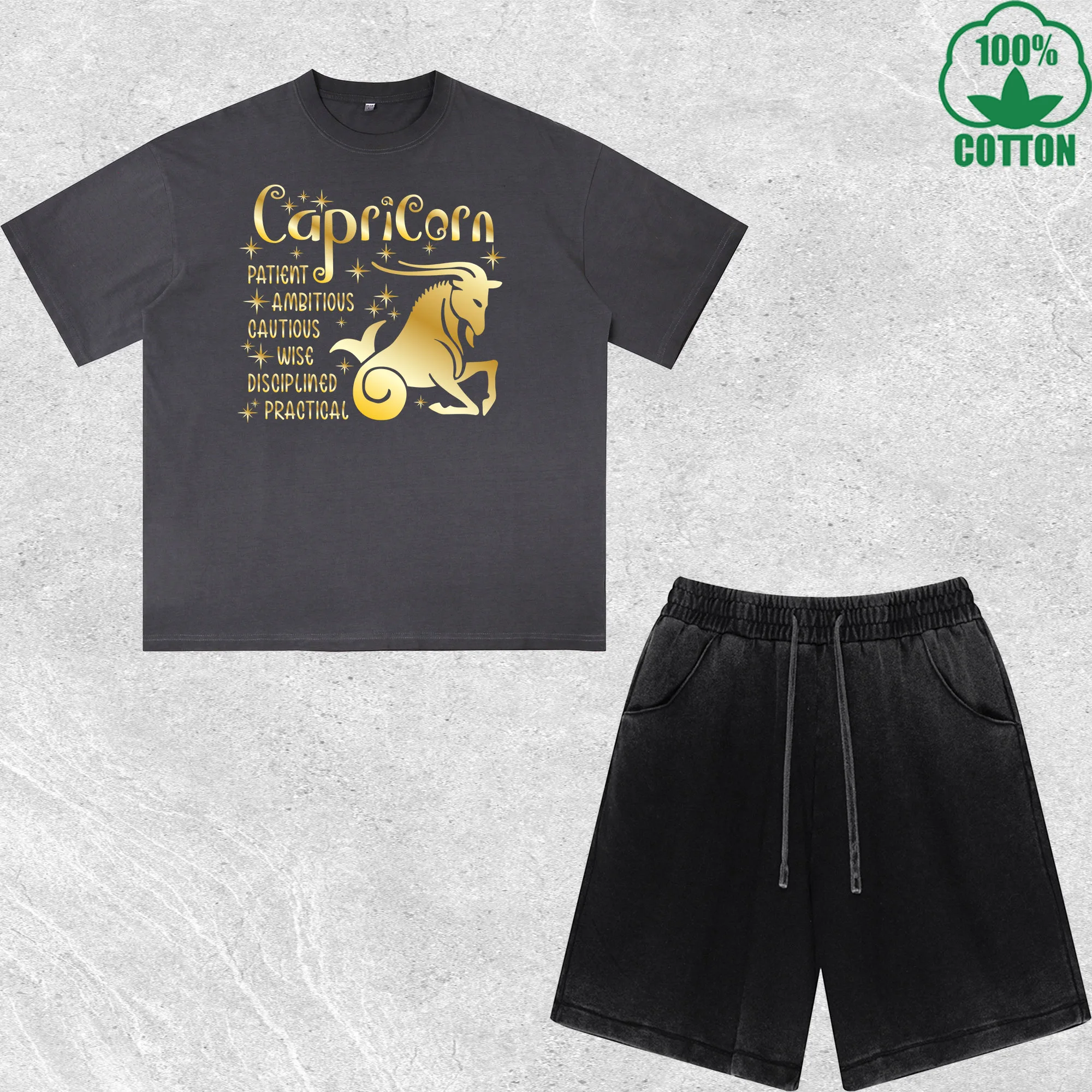 

Capricorn Gold Printed Dirty Wash T-Shirt Shorts Set Multicolor Combo Loose Trendy Fashionable 100%Cotton
