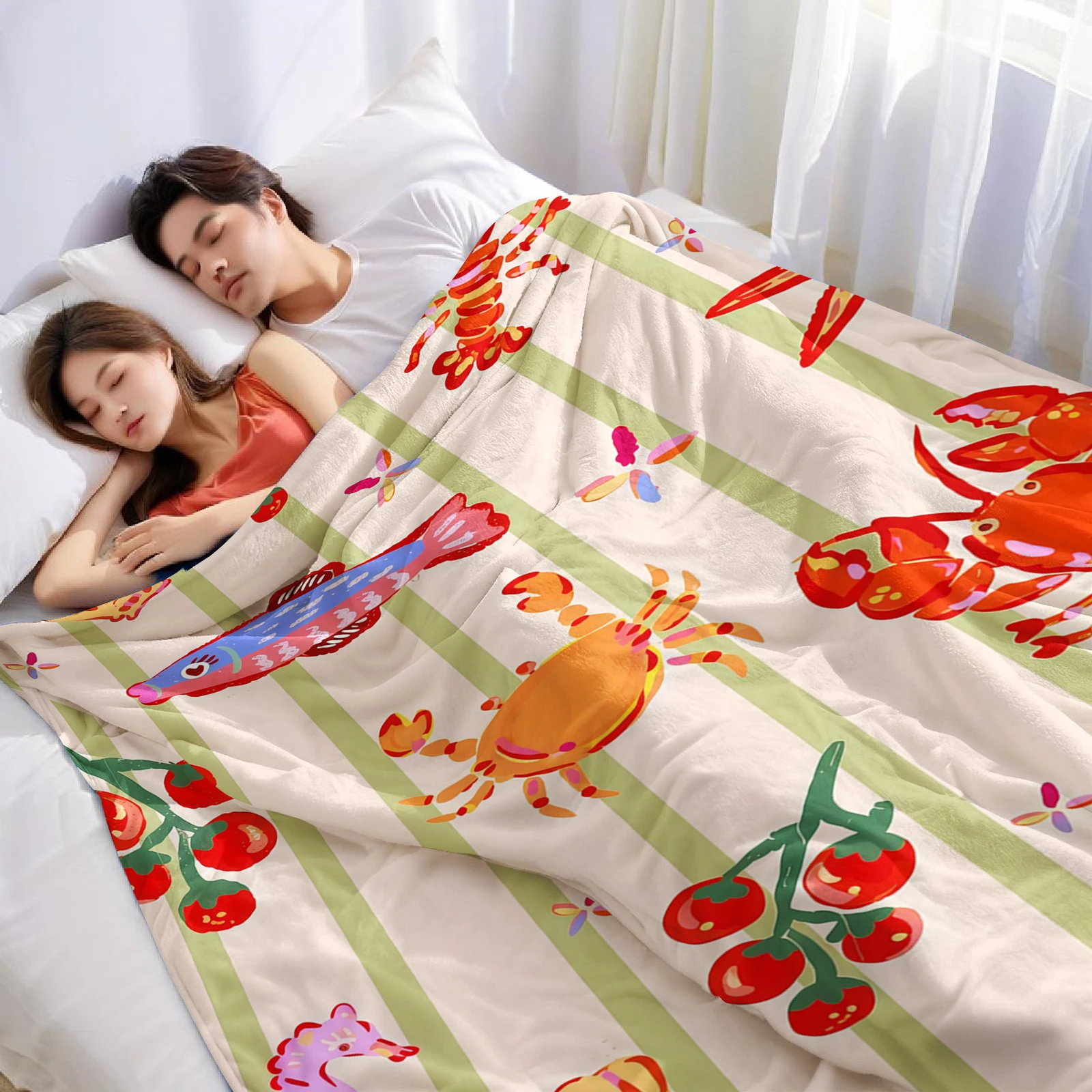Seafood Striped Cartoon Anime Print Flannel Blanket Soft Warm Throw for Kids Bedroom Sofa Bed Christmas Office Car