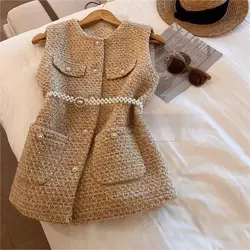 Small Fragrant with Belt Vest Female Autumn 2024 New Ladies Temperament Waistcoats  Sleeveless Jacket Women Tops