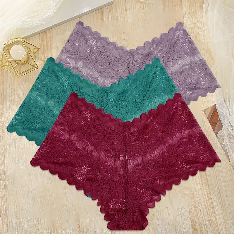 Finetoo 3pcs Frauen Blumen hohle Spitze Höschen niedrige Taille Slips sexy Dessous Hosen Unterhosen weibliche Unterwäsche intimates