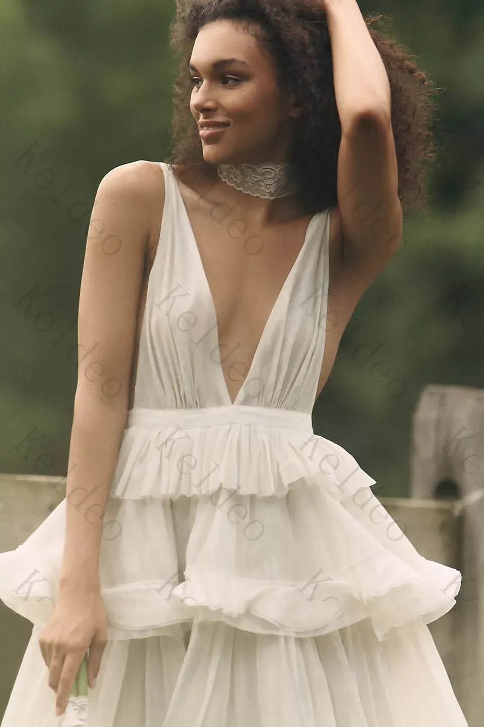Customized A‑Line Wedding Dresses Deep V‑Neck Spaghetti Straps Tiered Ruffle Skirt Backless Tie‑Up Linen Midi‑Length Bridal Gown