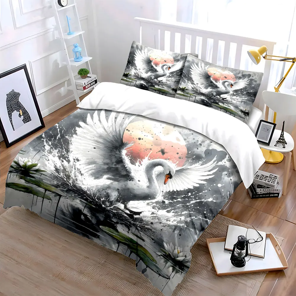 Graceful swan splashing water Bedding Set for Kids Luxury Gift 3pcs Digital Print Comforter Set Soft Comfortable Breathable