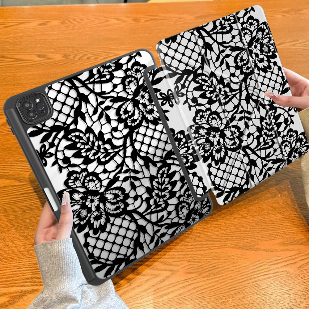 Black Lace Print Tablet Case For iPad Pro M4 13 2025 2026 Air 8 M2 M3 3 12th Mini 7 6 5 11th 10th Gen 9th With Pen Slot Cover