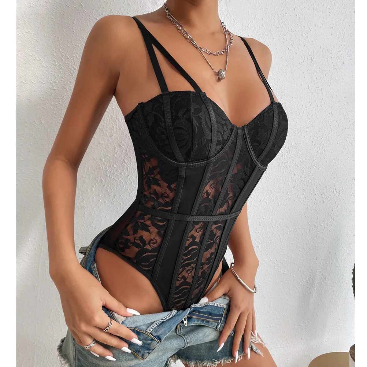 2026 Sexy Lace Bodysuit For Women Bodies Elegant Women's Top New Summer Black White Fashion Solid Bodycon Ribbed Bodysuits