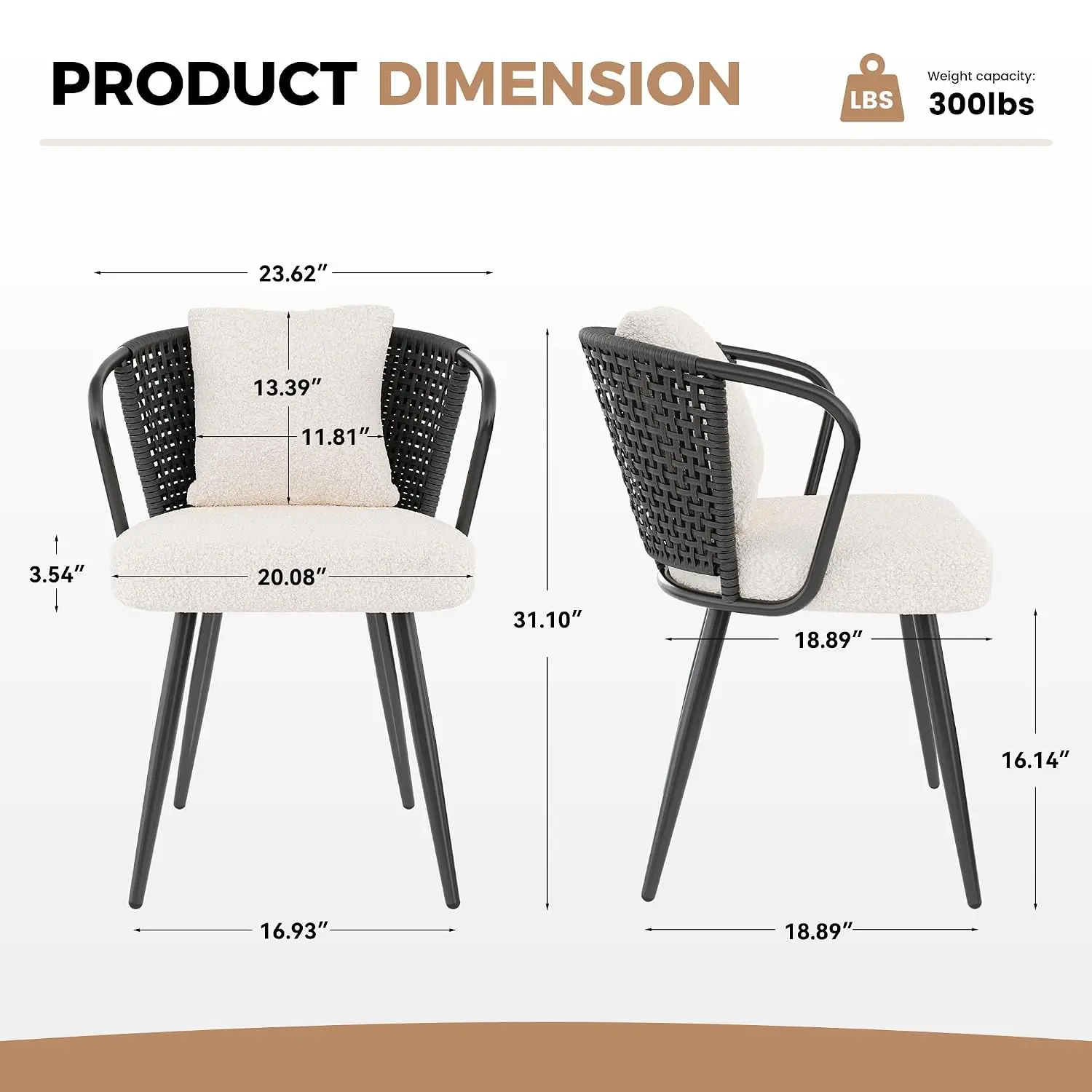 Rattan Dining Chairs Set of 4, Modern Upholstered Kitchen Chair with Metal Legs, Ergonomic Curved Backrest, Mid Century view 2