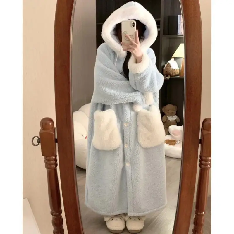 

Утепленный кавайный халат для девочек, весенне-осенняя пижама на флисовой подкладке, милая ночная рубашка с капюшоном, коралловый флис, домашняя одежда, новая женская одежда для сна