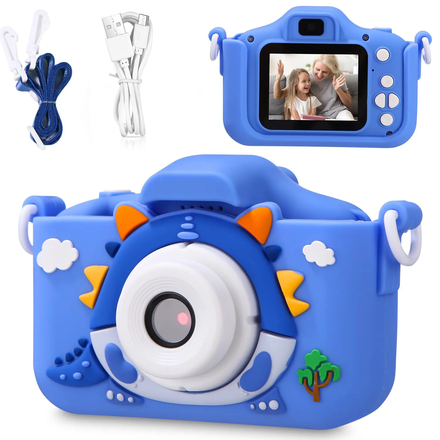 Câmera infantil com câmeras dianteiras e traseiras duplas 48MP 1080p HD câmeras dianteiras e traseiras duplas, cinco jogos educativos Natal, Hallo