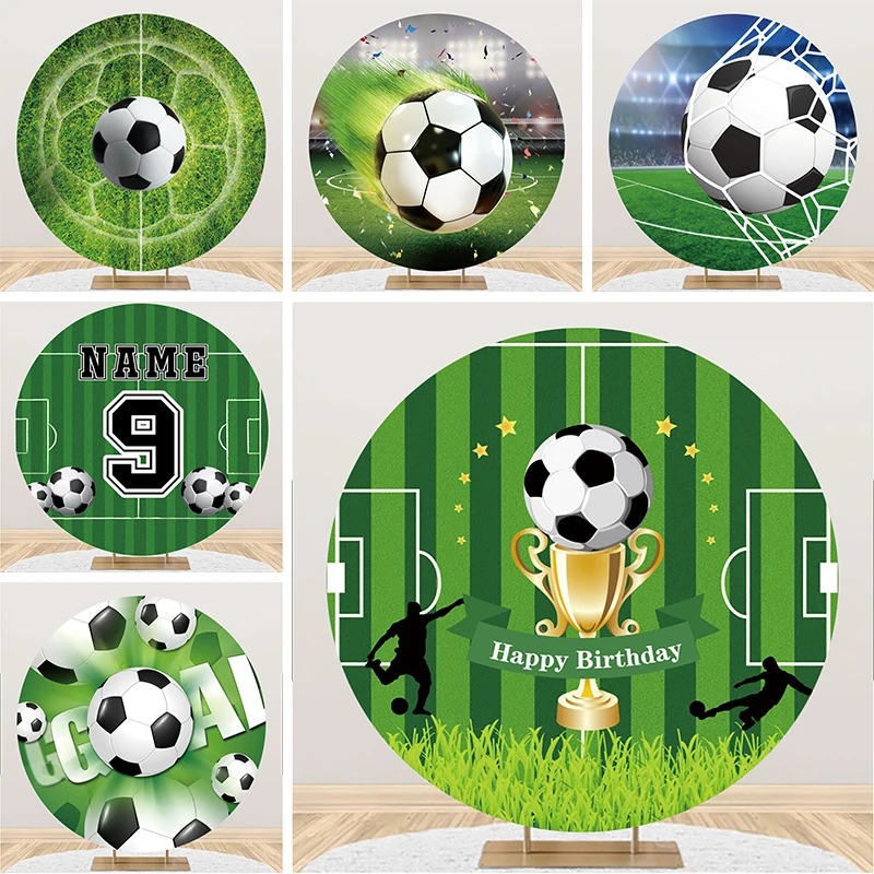 Soccer Birthday Circle Backdrop Football Decoration Field Goal Party Grass Trophy Cup Sports Ball Photo Background Round Cover