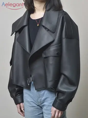 Women Black Short Leather Jacket Autumn Winter Aelegantmis