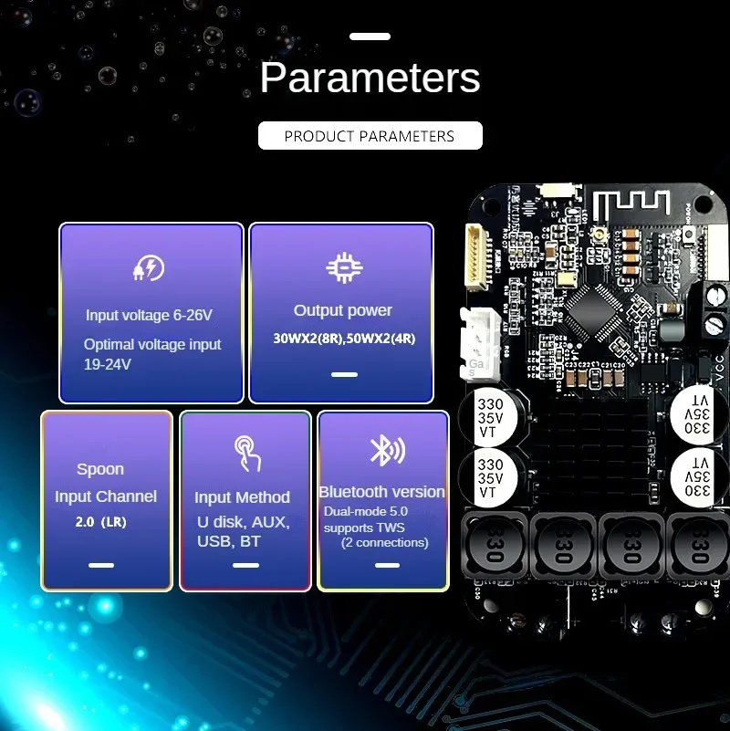 DSP Digital Bluetooth 5.0 Power Amplifier Board 30W*2 /50W*2 Electronic Frequency Module TWS Pairing Bass 2.0