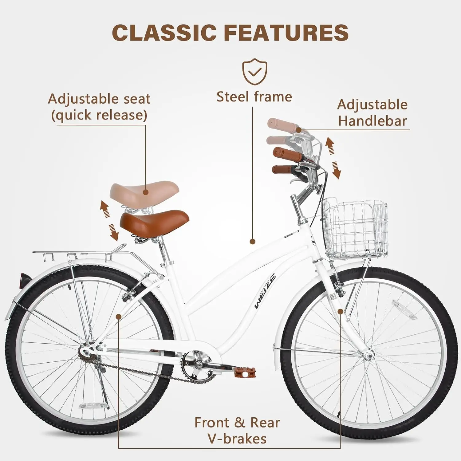 Beach Cruiser Bike, 24 inch Commuter Bicycle for Adult Men and Women,High-Carbon Steel/Front & Rear Fenders, Comfortable City Bi