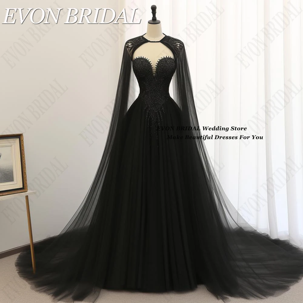 

EVON BRIDAL Black Evening Dress With Cape Dubai Women A-Line Tulle Formal Occasion Dresses 2024 Strapless Lace فساتين سهره فاخره