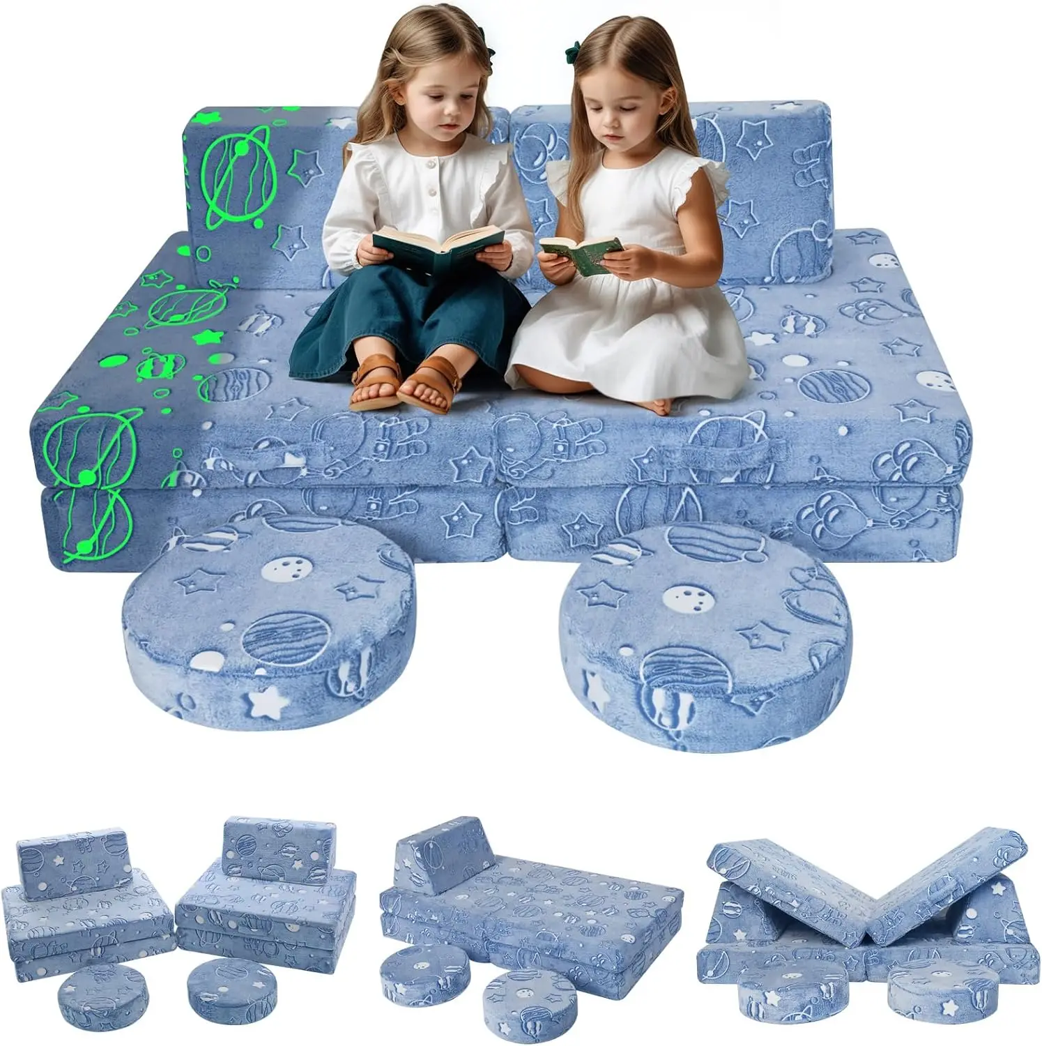 Couch Glow Sofa Modular Toddler Couch for Playroom, 8-Piece Fold Out Baby Couch Play Set, Children Convertible Sofa Foam Co