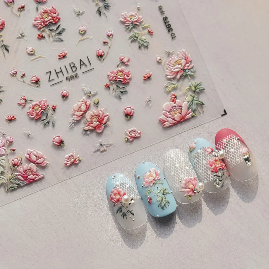 Retro Relief Embossed 3D Herbaceous Peony Noble Chinese Flower King Magnolia Soft Self Adhesive Nail Art Sticker Manicure Decals