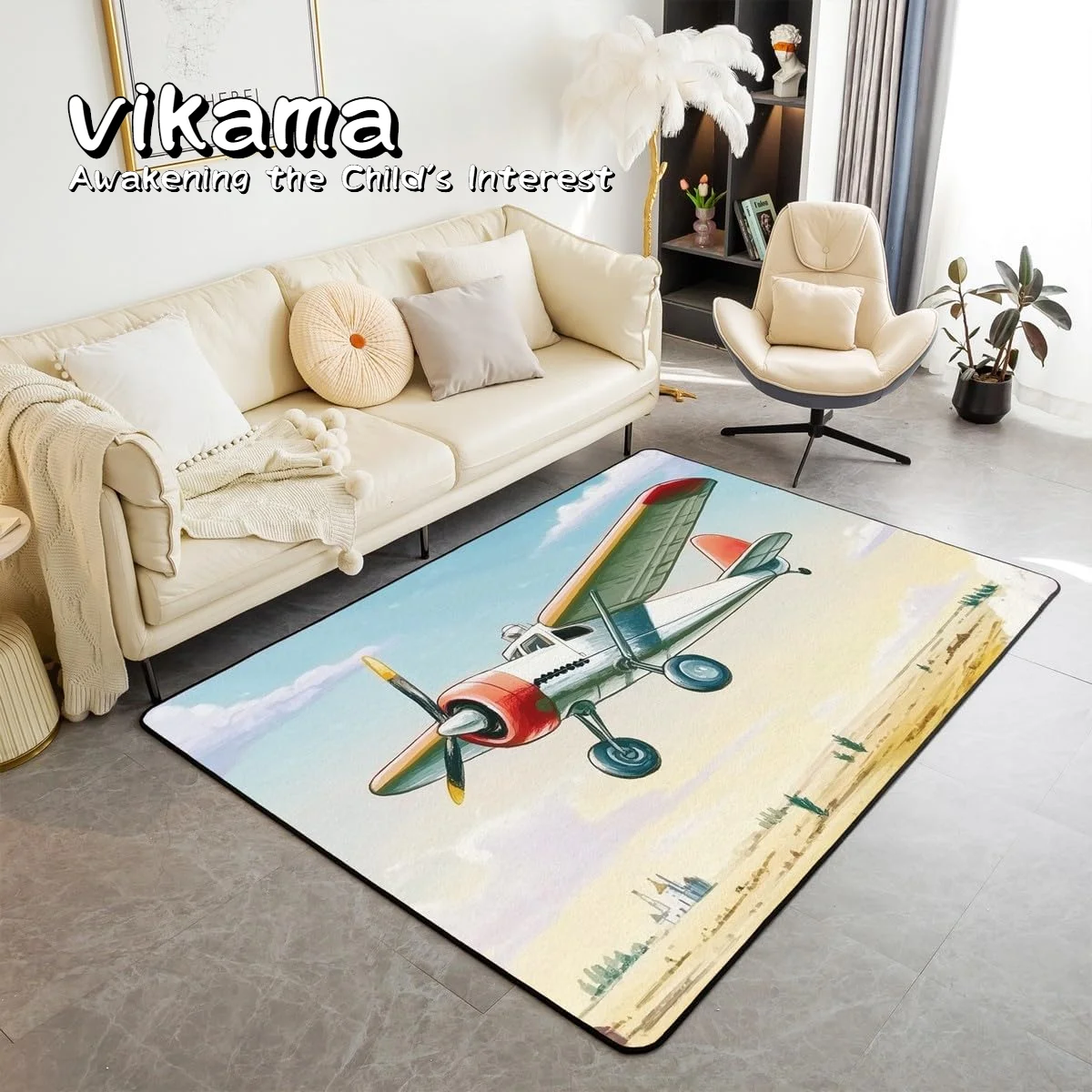 VIKAMA Children's Train-themed Floor Mat With Vintage Steam Engine, Railway Track and 3D Vintage Vehicles, for Living Room Door