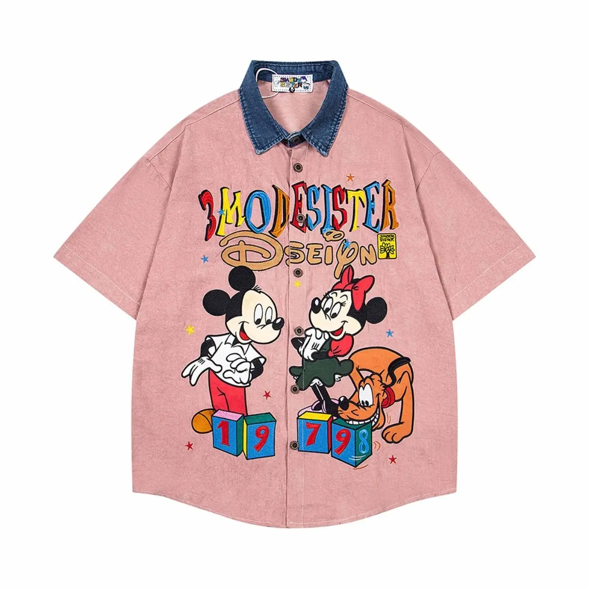 

Disney Mickey American Fun Cartoon Embroidery Blouse Cowboy Splicing Short Sleeve Shirt Men Women's Loose New Trendy Couple Top