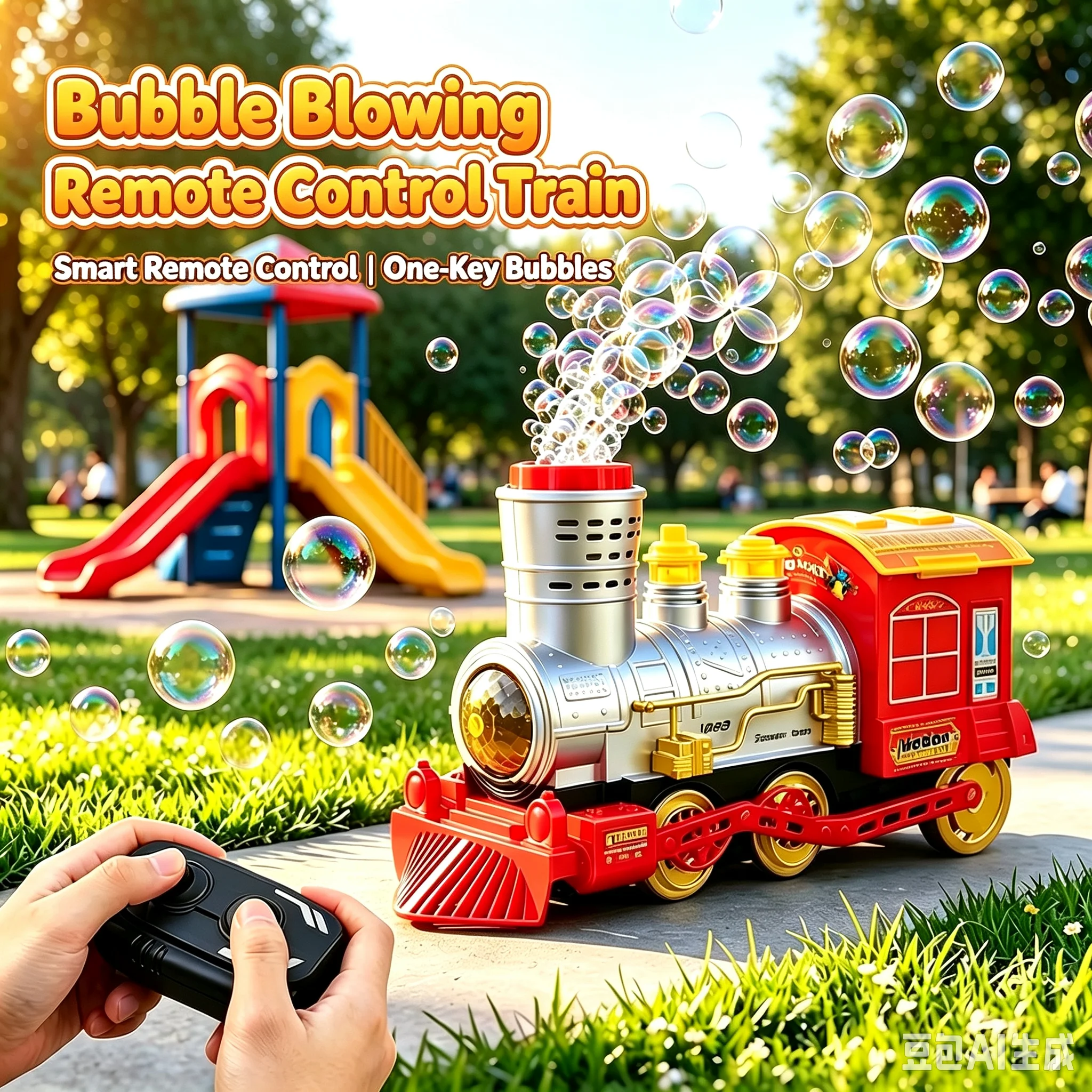 RC Bubble Blowing Train 2.4G Wireless Remote Control Vintage Train Toy with Flashing Lights Sound Effects Gift for Children 3+