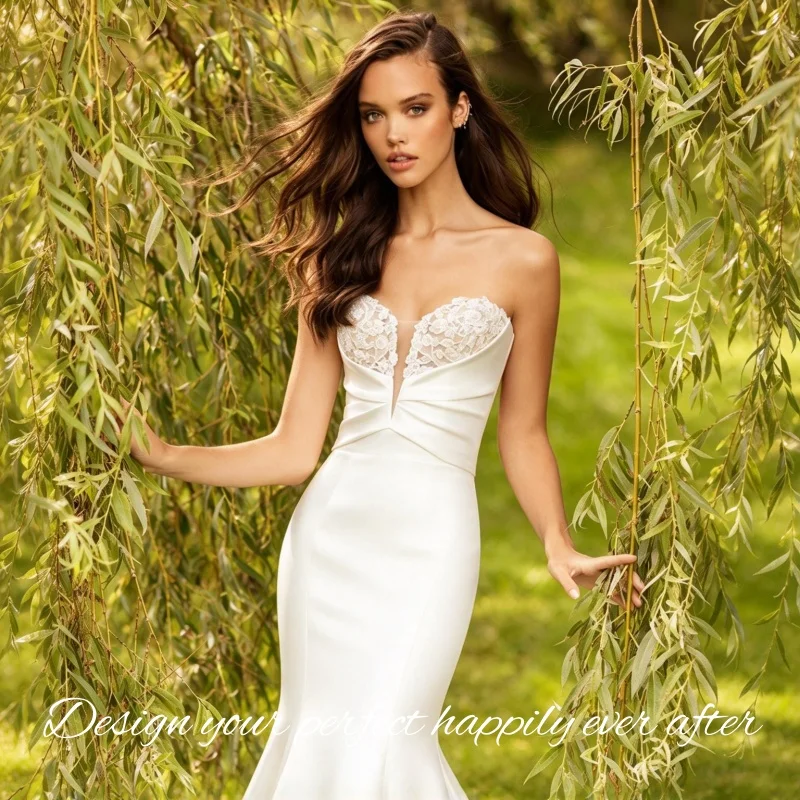 Sweetheart Strapless Mermaid Wedding Gown Satin Lace Applique Bridal Dress Vestidos De Novia Customized
