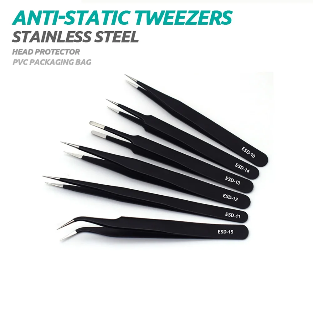 2/6PCS Precision Long Tweezers Set ESD Anti-Static Stainless Steel Tweezers Repair Tools for Electronics Repair Soldering Craft