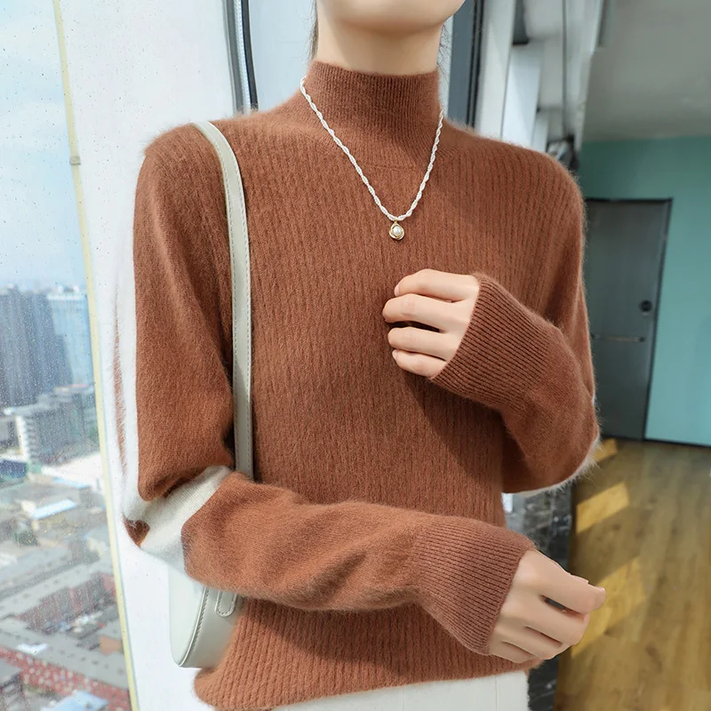 Herfst Winter Nieuwe Dameskleding Trui 100% Nertsen Kasjmier Semi Hoge Hals Trui Top Modieuze Dikke Warme Gebreide Trui