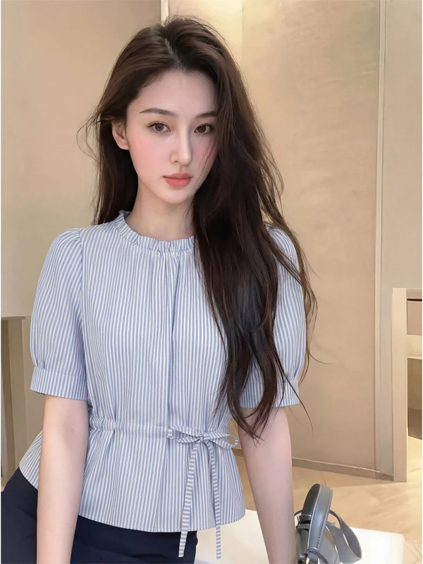 

Slimming Striped Bubble Sleeve Shirt Women's round Neck Tie Waist Summer New Style Casual Loose Fit Short Sleeve Cotton Top