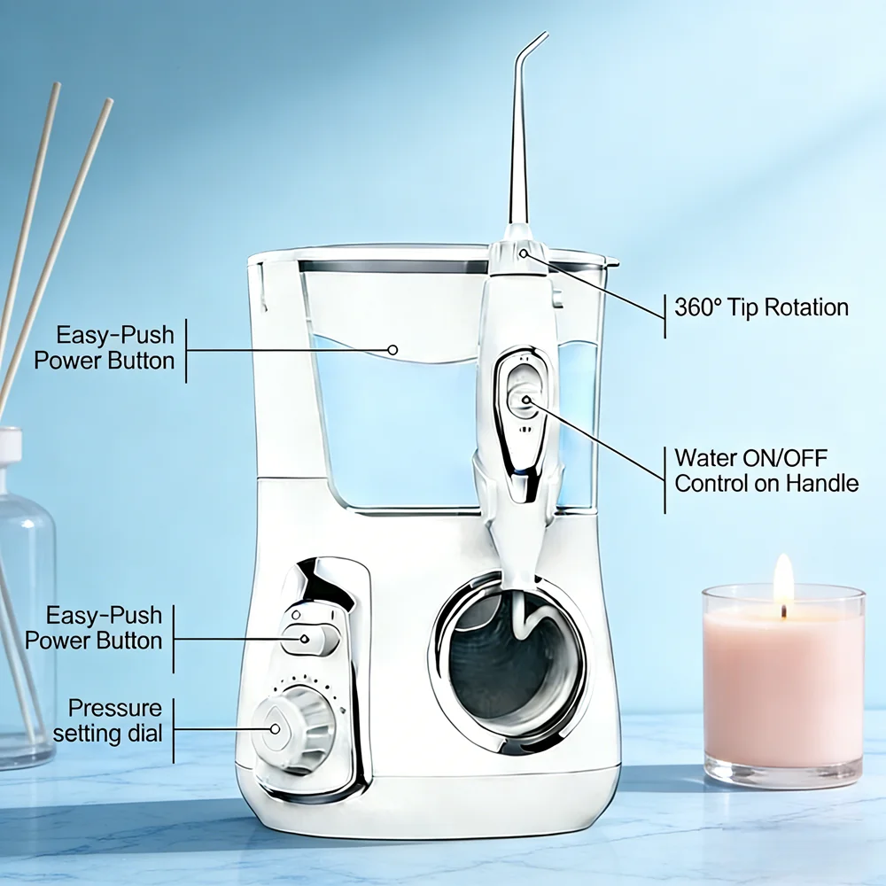 

Электрический ирригатор для полости рта с 10 режимами, резервуаром 800 мл, 5 насадками, настольный, для глубокой очистки