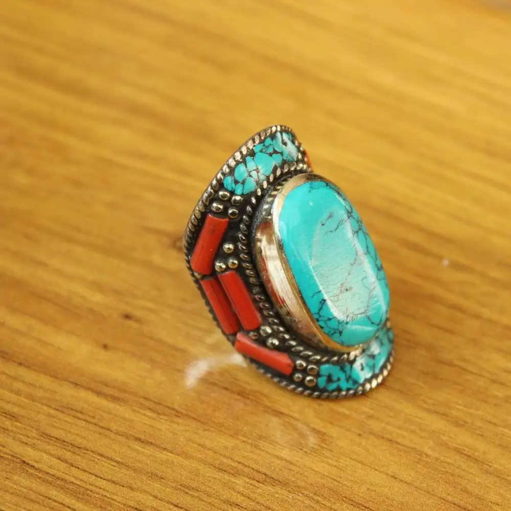 RG366 Handmade Nepal Big Rings For Man Copper Inlaid Turquoises Coral  Stone Thumb Ring New Arrival