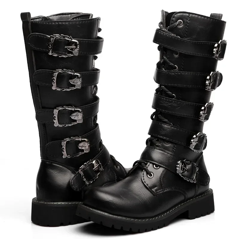 

High Top Platform Men's Leather Motorcycle Boots Mid-calf Knight Boots Gothic Belt Punk Boots Casual Men Shoes Black